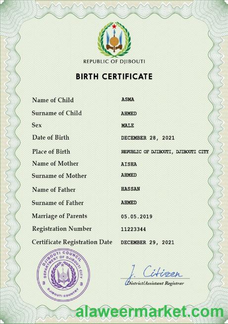 Djibouti vital record birth certificate PSD template